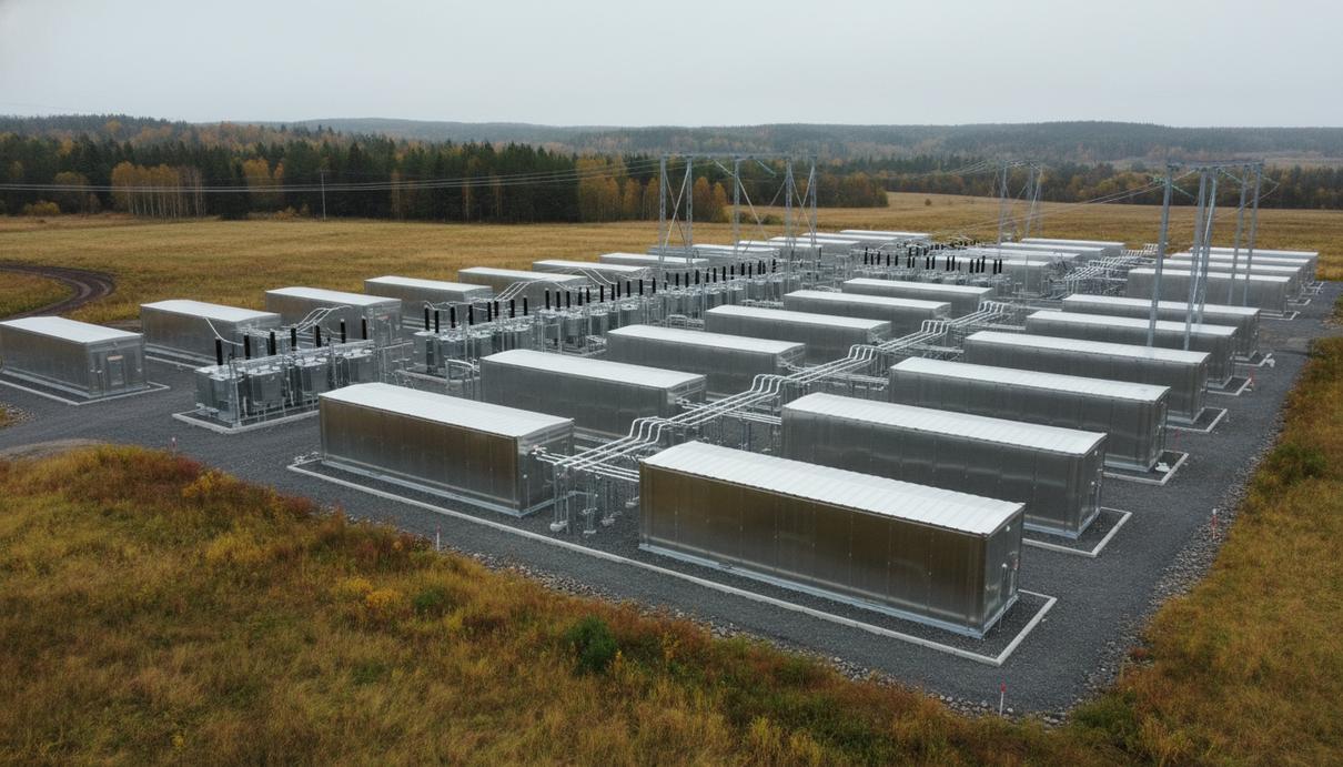 Ряд промышленных контейнеров системы накопления энергии на открытой площадке в шведском Бурленге.