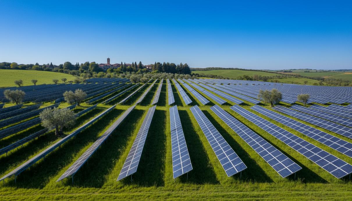Ряды солнечных панелей на фоне холмистого пейзажа в итальянском регионе Лацио