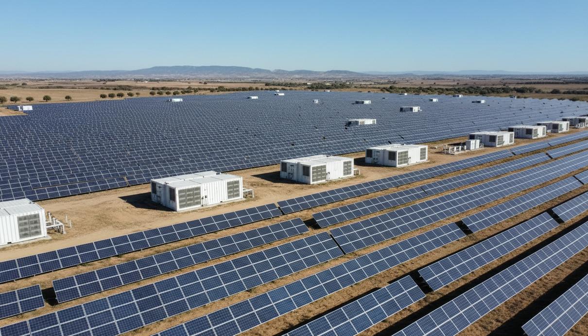 Ряды солнечных панелей и блоки промышленных аккумуляторов на фоне пейзажа в Испании.