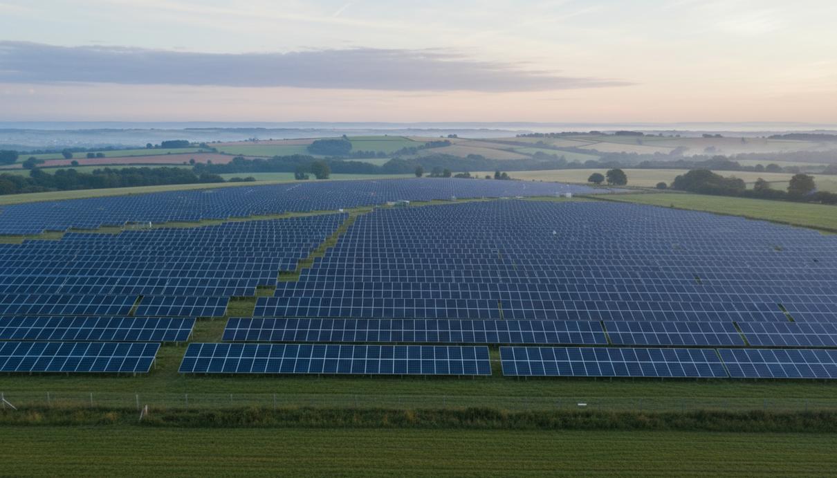 Ряды солнечных панелей на зеленом поле на фоне холмов под облачным небом в Великобритании