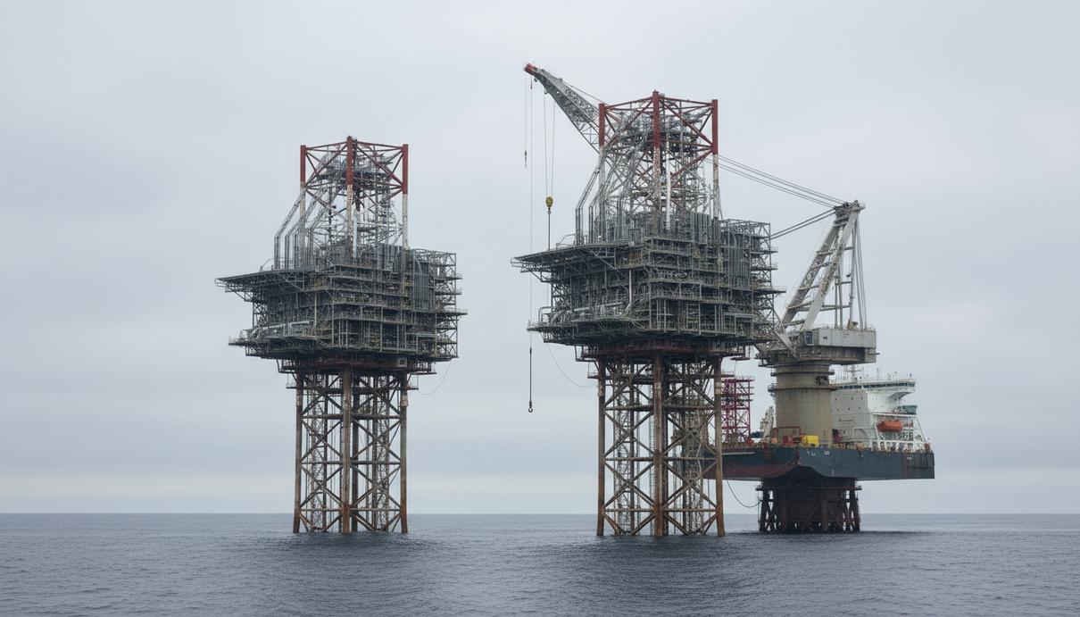 Монтаж двух морских подстанций на фундаменты в открытом море при помощи кранового судна.