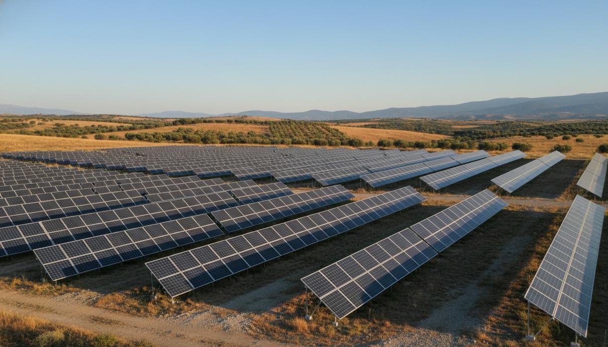 Ряды солнечных панелей на трекерах на фоне холмистого пейзажа Западной Македонии в Греции