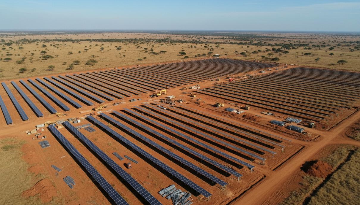 Строительство солнечной электростанции с рядами фотоэлектрических панелей в саванне Кот-д’Ивуара.