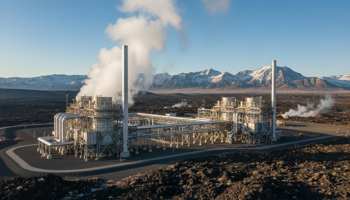 Современная геотермальная электростанция с трубами и клубами пара на фоне горного ландшафта в США