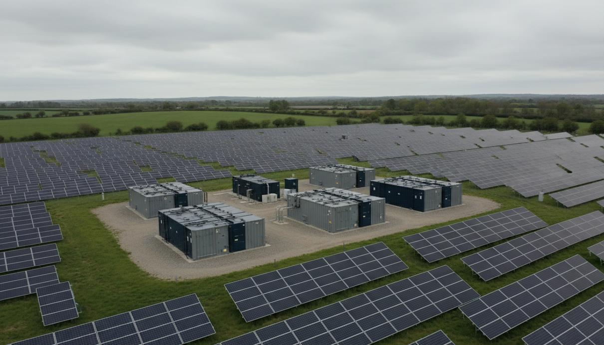 Солнечные панели и промышленные системы накопления энергии на территории британской электростанции