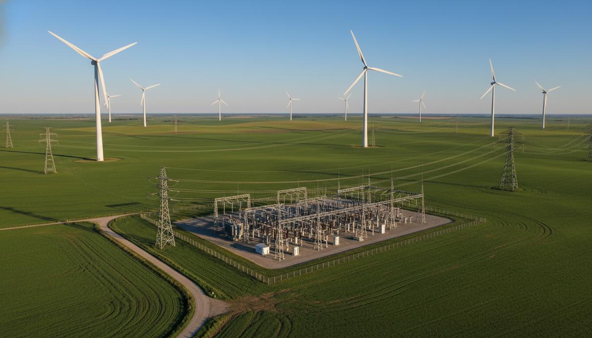 Ветряные турбины на зеленом поле соединены линиями электропередачи с электрической подстанцией под чистым небом.