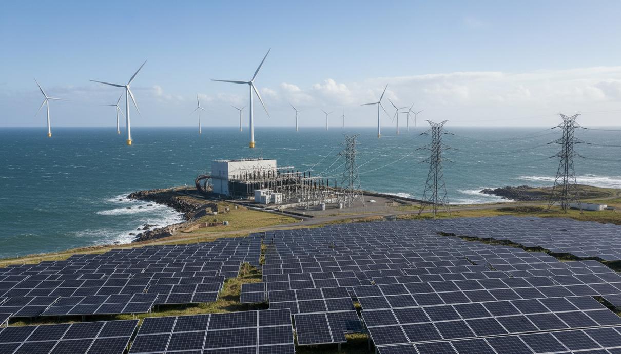 Морская ветряная электростанция и массив солнечных панелей на побережье с линиями электропередач