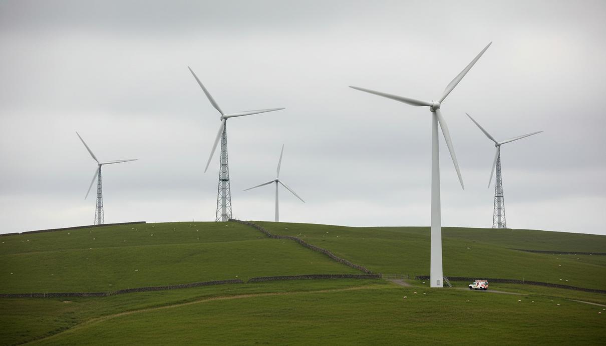 Ветряные турбины компании Senvion на зеленых холмах Великобритании под пасмурным небом