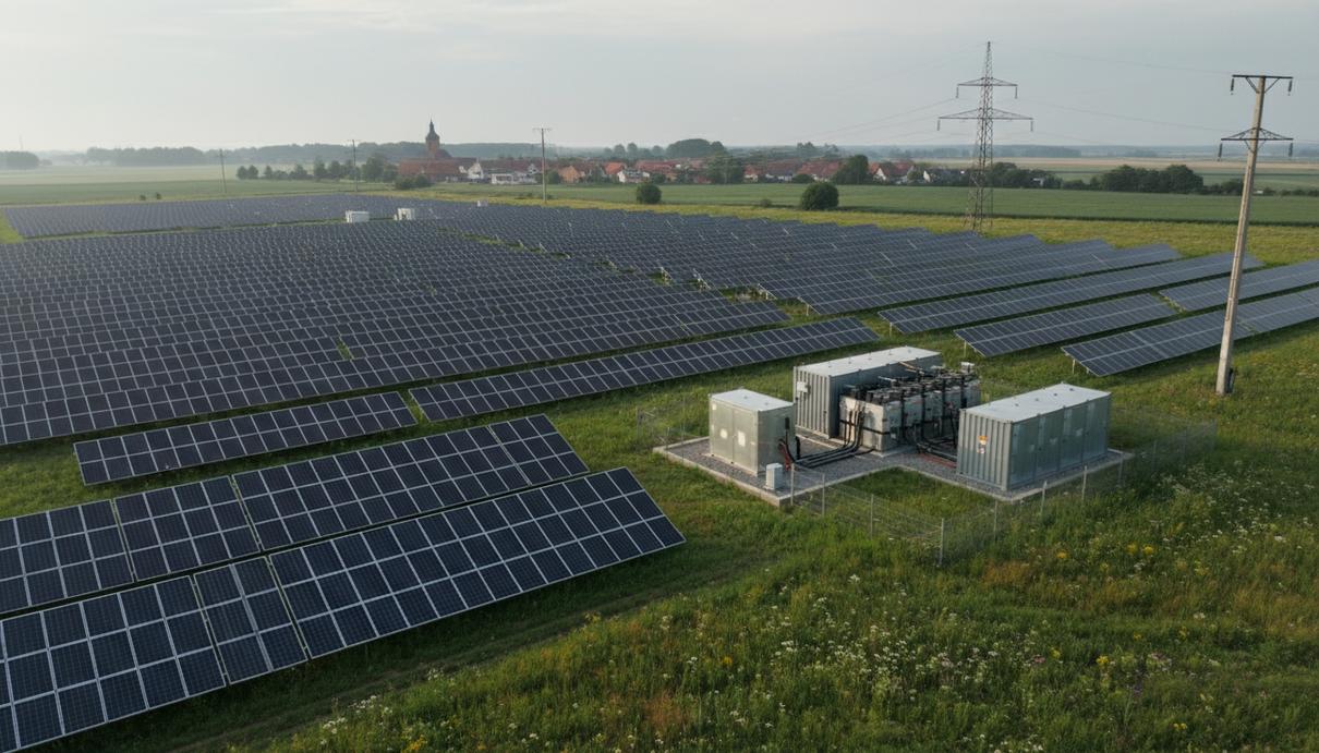 Ряды солнечных панелей на сельскохозяйственном поле в Германии с установками для хранения энергии