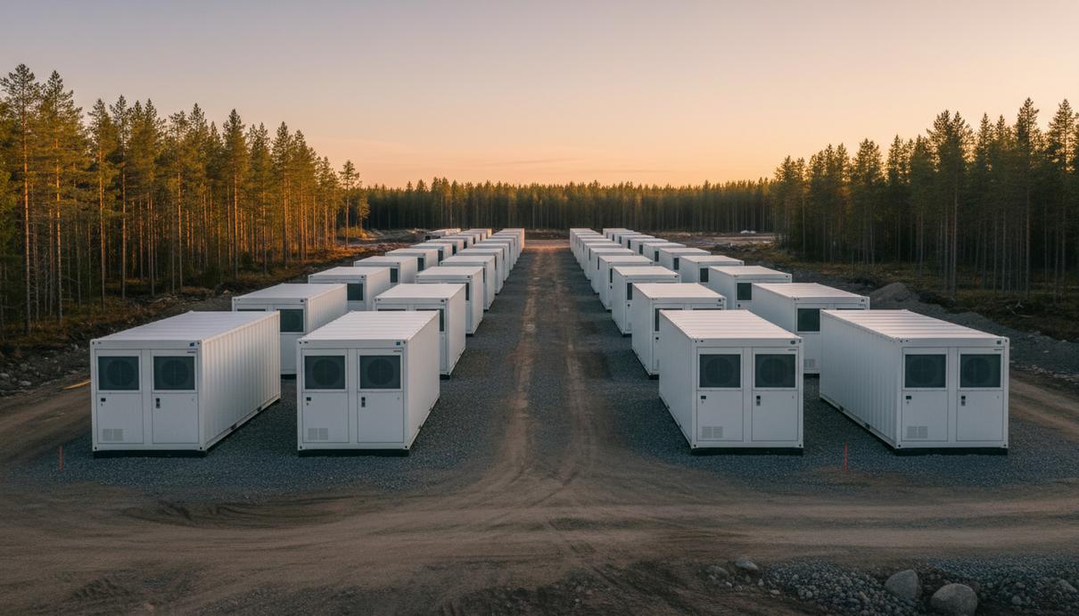 Ряды белых промышленных контейнеров системы накопления энергии на открытой площадке на фоне леса