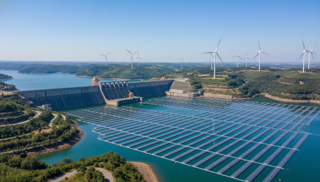 Гидроэлектростанция с установленными на воде солнечными панелями и ветряными турбинами на склонах гор.