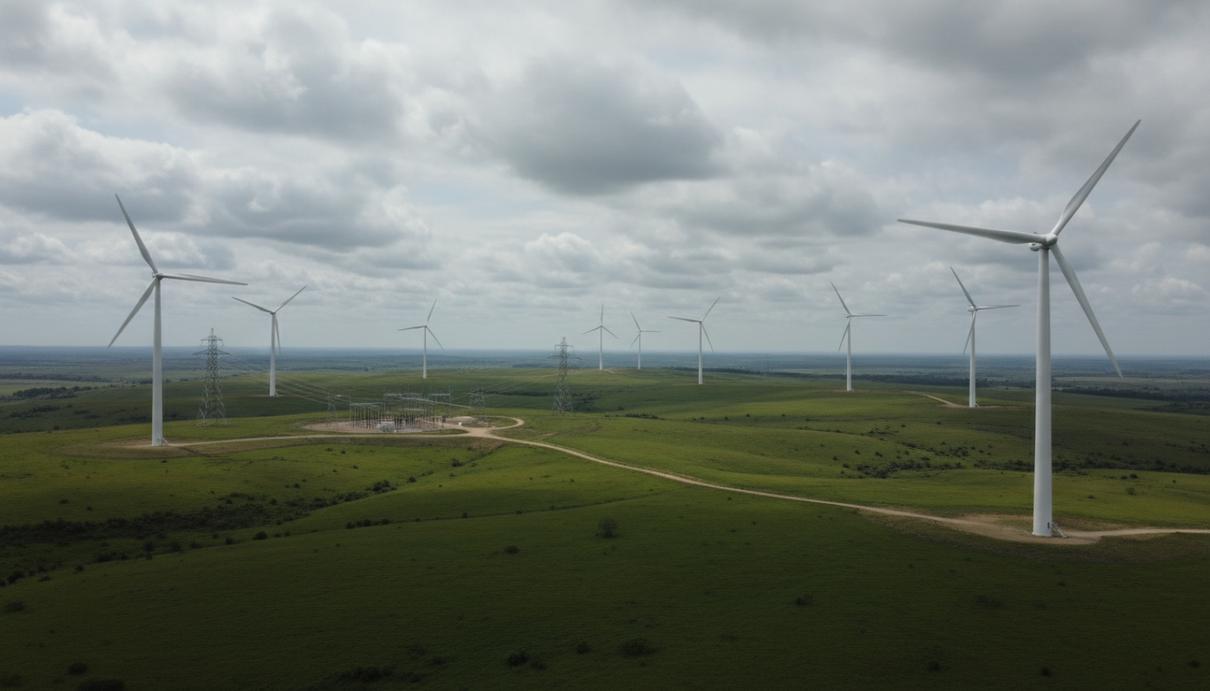 Белые ветряные турбины на зеленых холмах на фоне линий электропередачи и пасмурного неба.