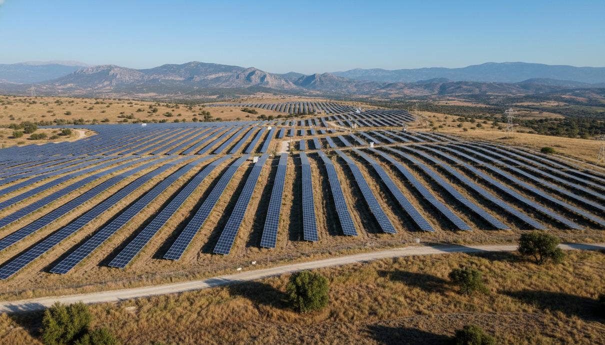 Ряды солнечных панелей на холмистой равнине в греческом регионе Козани на фоне гор под ясным небом.