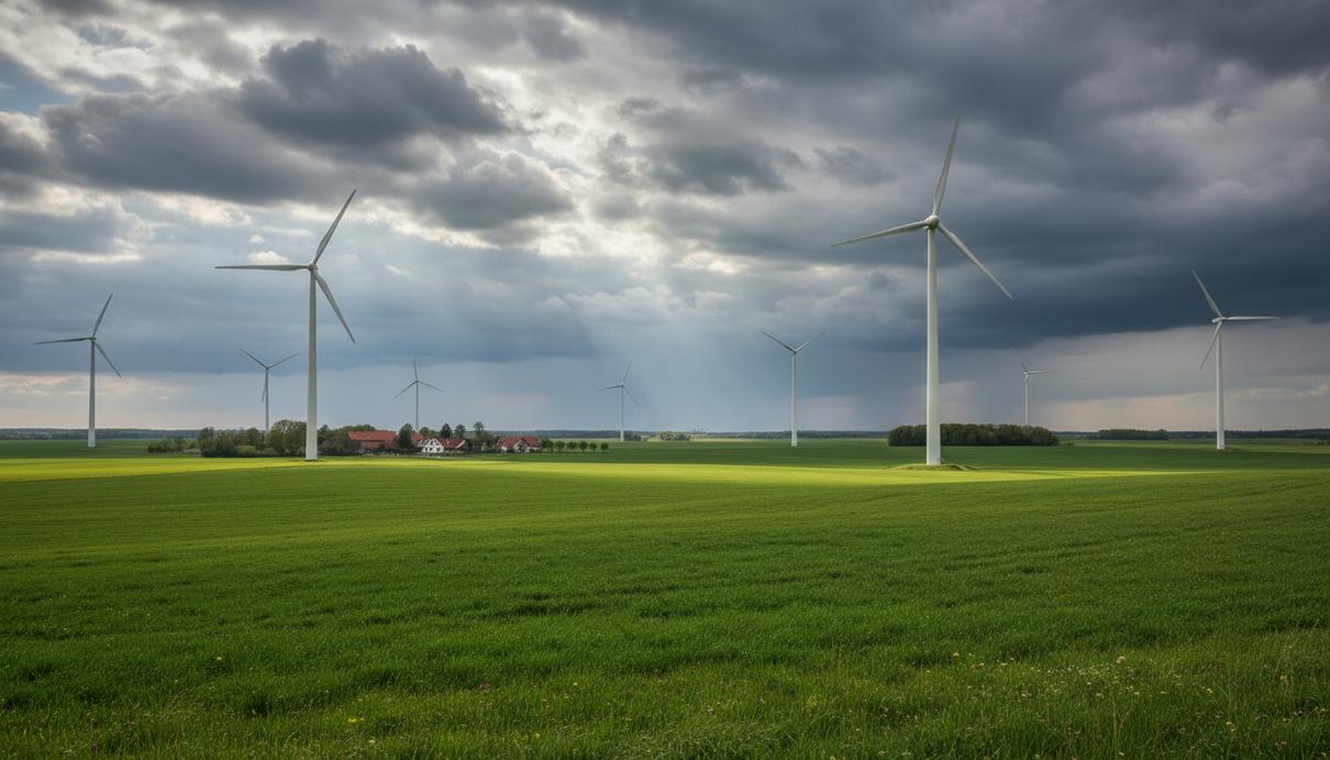 Группа современных белых ветряных турбин на зеленом поле в сельской местности Германии