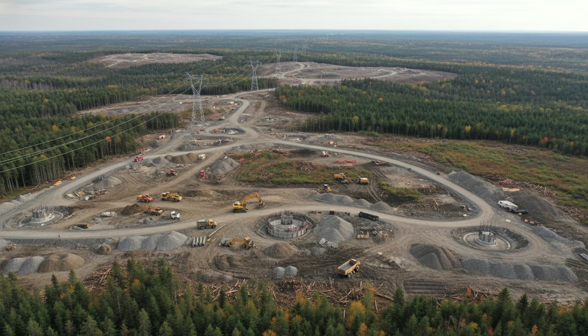 Строительная площадка будущего ветропарка в лесистой местности с подготовленными участками под фундаменты турбин.