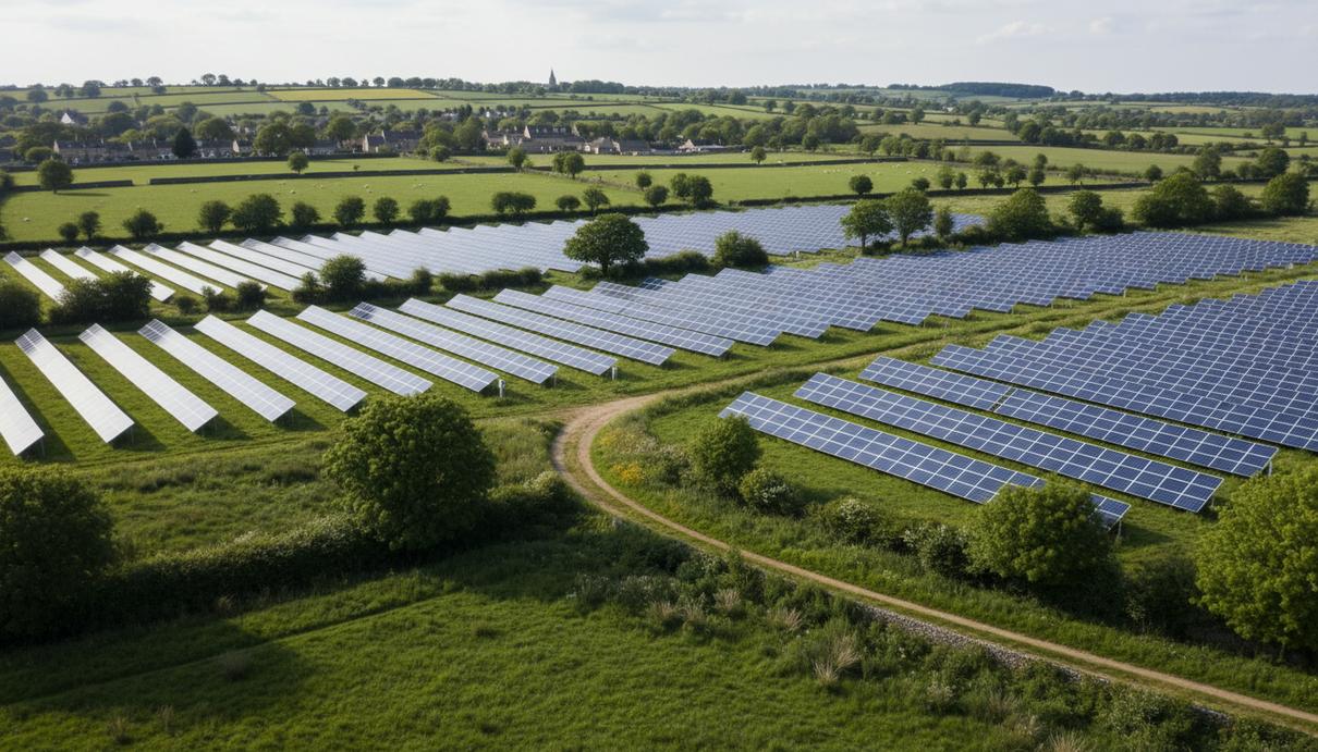 Ряды солнечных панелей на зеленом поле в сельской местности Великобритании в окружении деревьев.