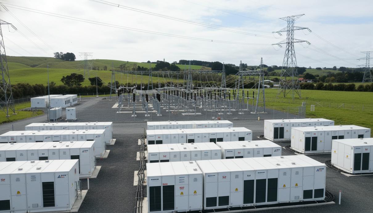 Ряды промышленных аккумуляторных блоков на территории электростанции на фоне холмов Новой Зеландии.