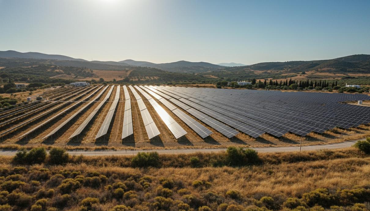 Солнечные панели на фоне холмов и голубого неба в сельской местности Греции