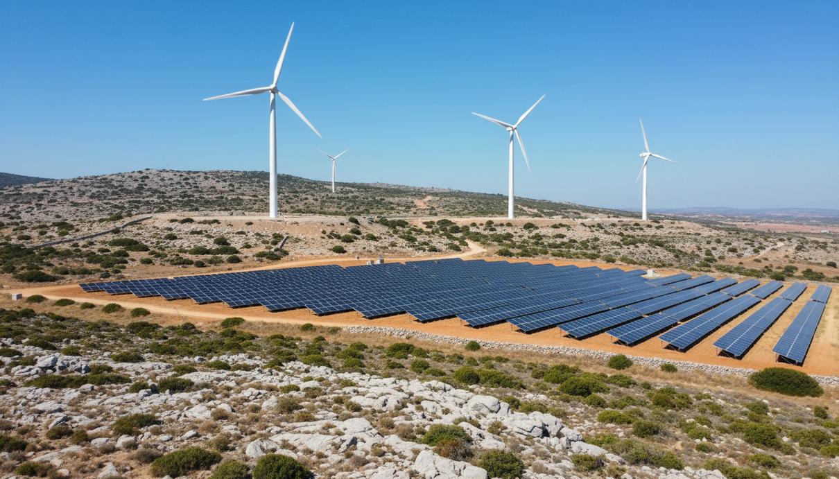Ветровые турбины и ряды солнечных панелей на холмистой местности в Греции под ясным небом.