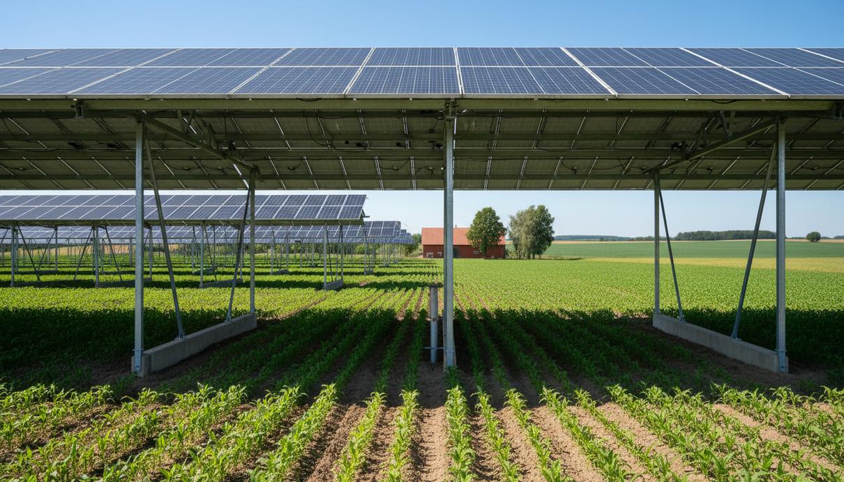 Солнечные панели, установленные над сельскохозяйственным полем с зелеными посевами в Восточной Германии.
