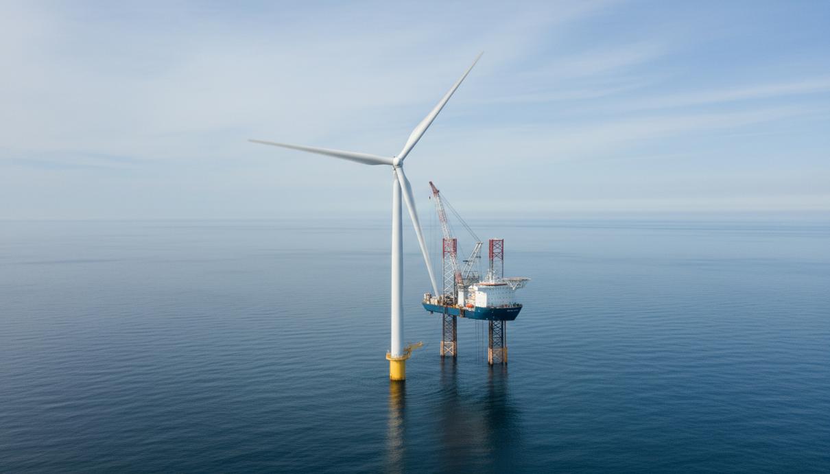 Морская ветряная турбина и монтажное судно в открытом море у побережья Великобритании.