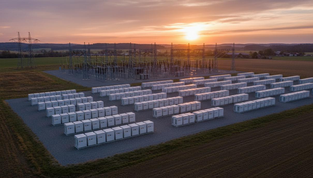 Ряды промышленных аккумуляторных систем накопления энергии в белых контейнерах на фоне неба