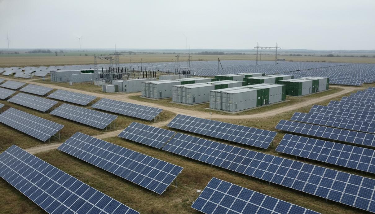 Солнечные батареи и блоки систем накопления электроэнергии на фоне равнинного пейзажа в Польше.