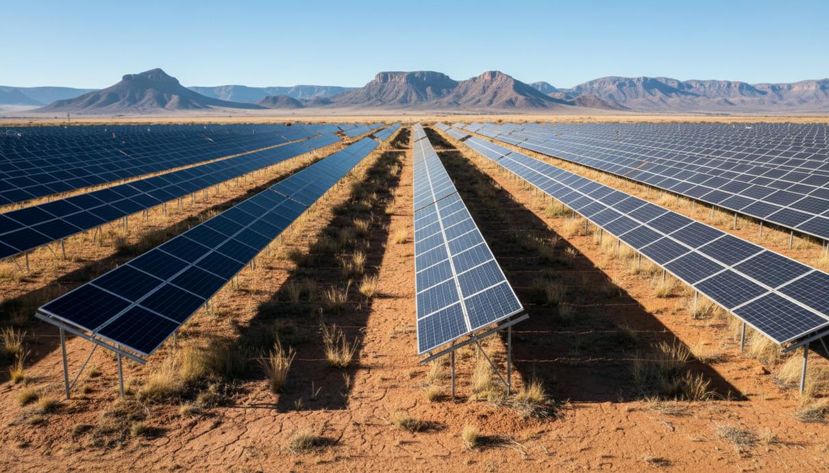 Ряды солнечных панелей на фоне засушливого ландшафта и гор в южноафриканском Бофорт-Уэсте.