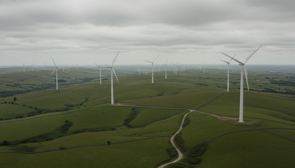 Белые ветряные турбины на зеленых холмах Южного Уэльса под пасмурным небом