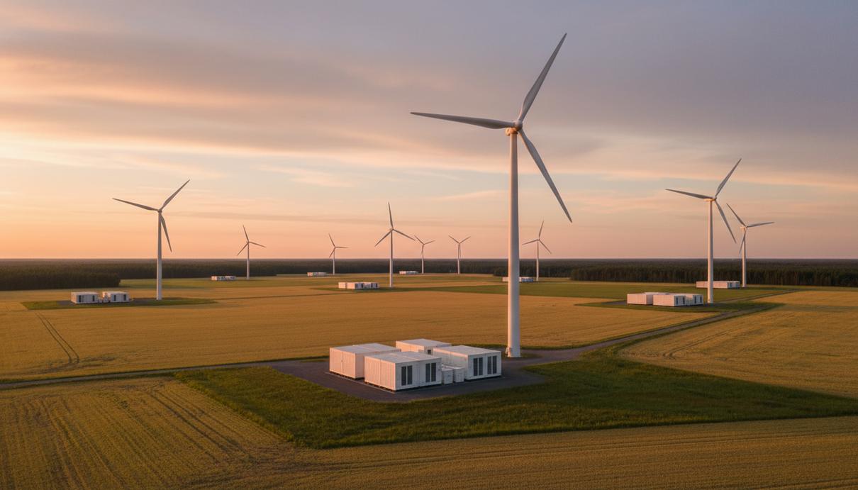 Ветряные турбины и белые контейнеры системы накопления энергии на поле в Финляндии.