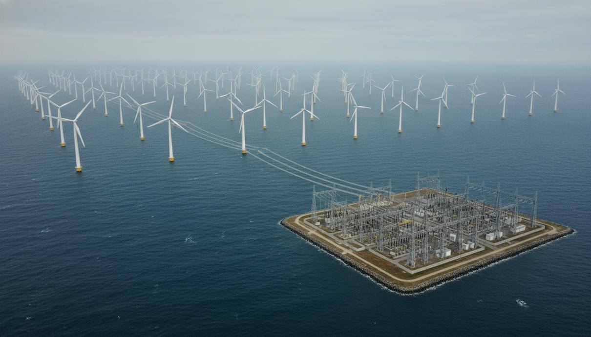 Ряды морских ветряных турбин и прибрежная электрическая подстанция с трансформаторами под пасмурным небом.