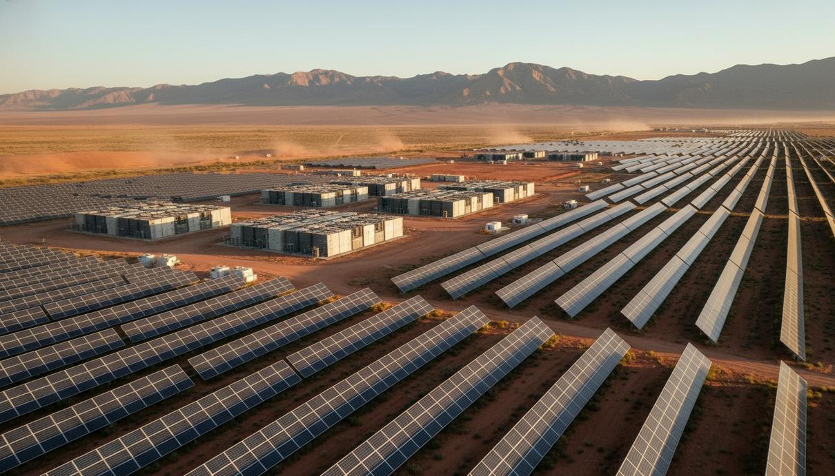 Ряды солнечных панелей и белые контейнеры промышленных аккумуляторов в пустынной местности США.