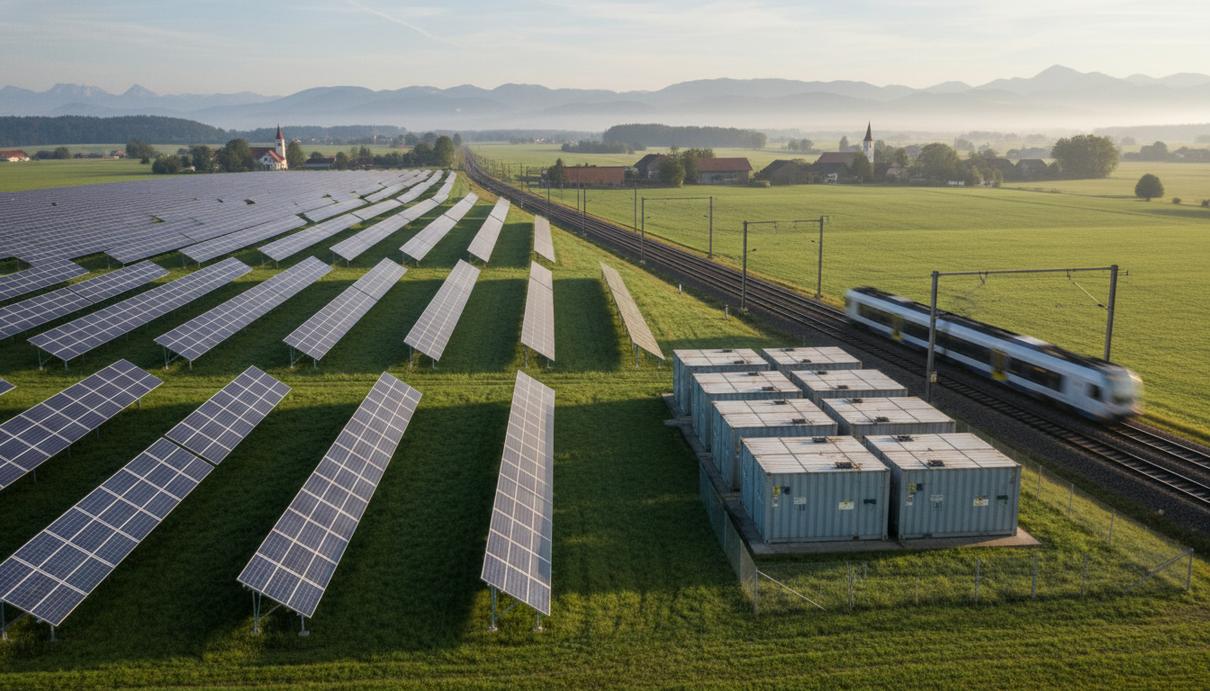 Солнечные панели и контейнеры с промышленными аккумуляторами на поле в Баварии рядом с железной дорогой