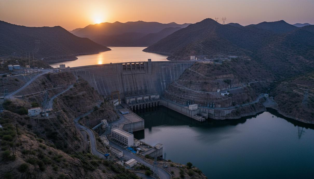 Бетонная плотина гидроаккумулирующей электростанции и водохранилище в горах Индии в лучах заката.