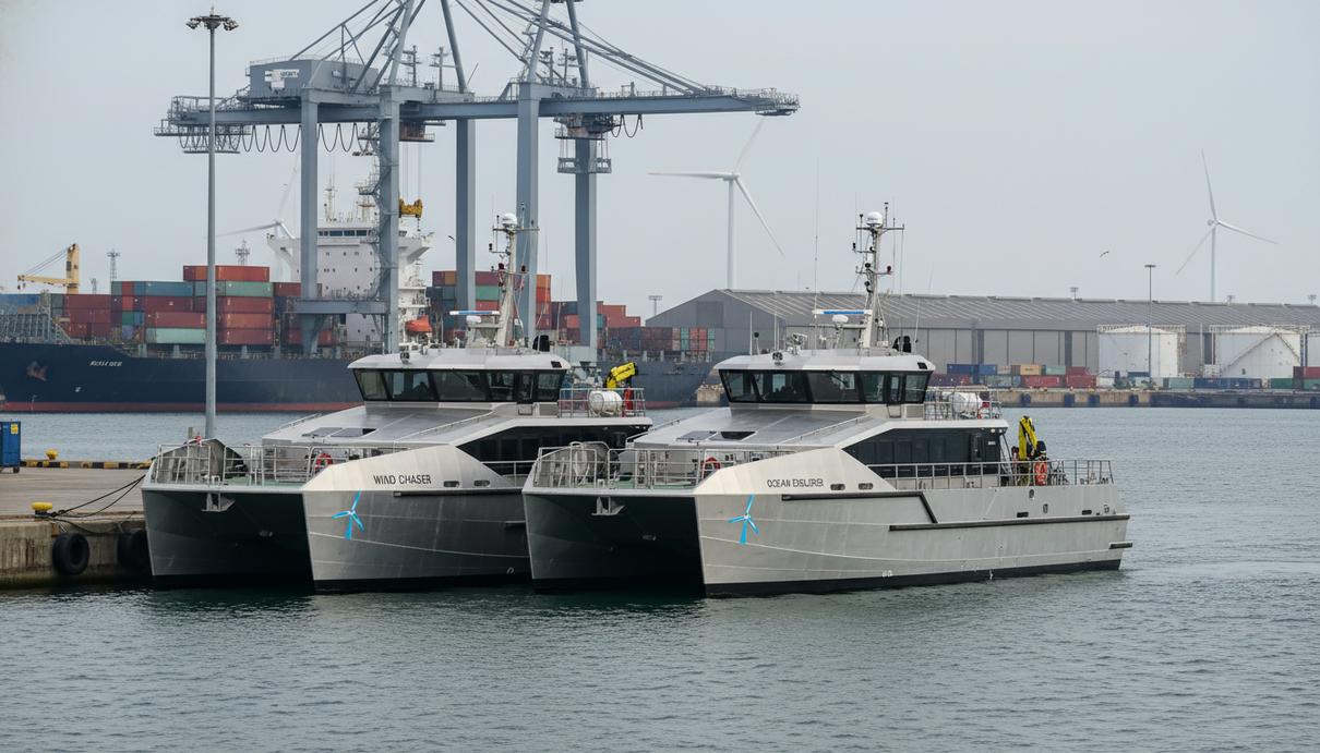 Два современных судна-катамарана для обслуживания морских ветроэлектростанций в промышленном порту