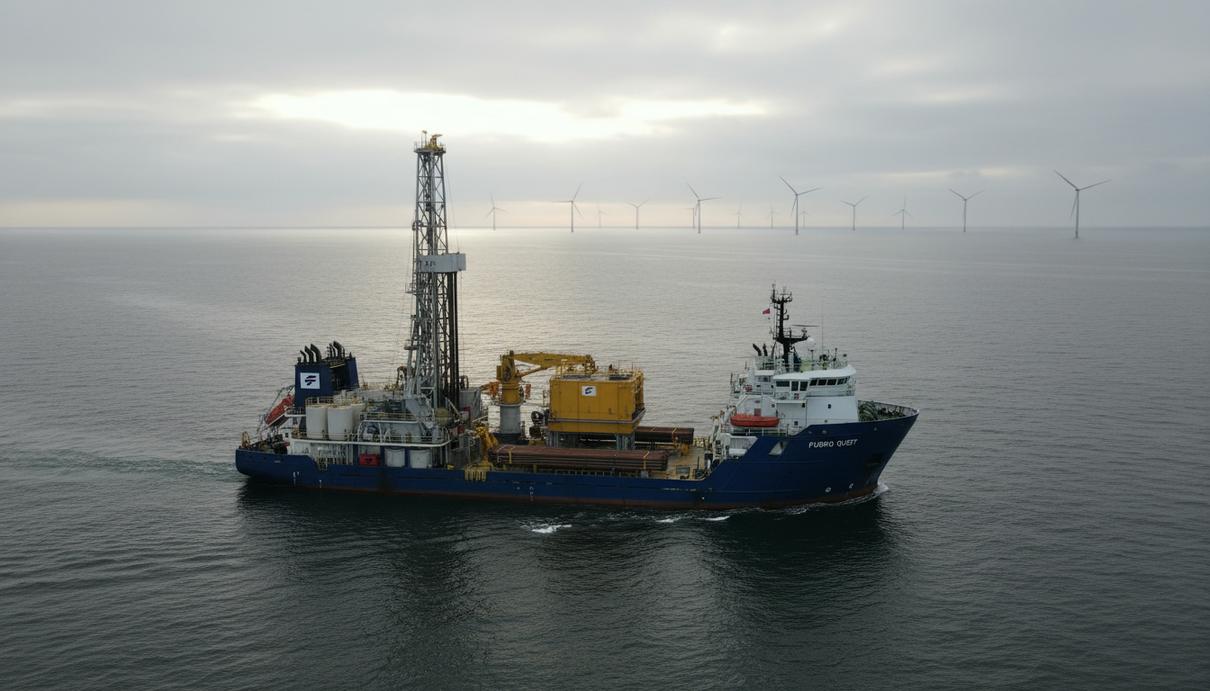 Fugro проведет изыскания для крупнейшей морской ветроэлектростанции в Шотландии Исследовательское судно для геотехнических работ в открытом море на фоне морских ветрогенераторов