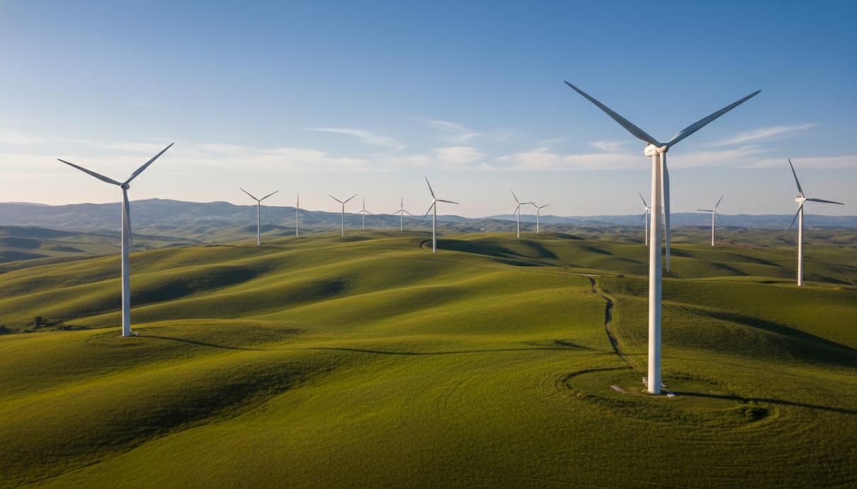 Iberdrola расширяет активы в Италии: покупка ветропарка в Базиликате Современные ветряные турбины на зеленых холмах в итальянском регионе Базиликата под голубым небом