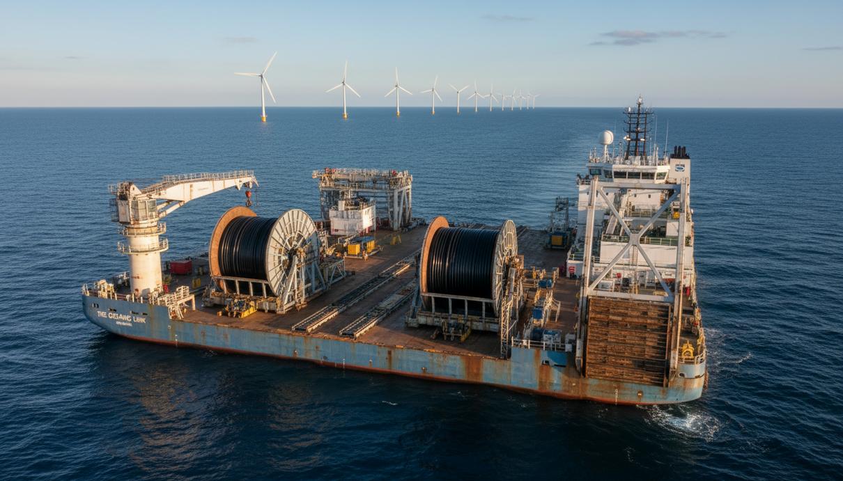 Seaway7 завершила прокладку кабельных сетей на тайваньской ВЭС «Хай-Лун» Специализированное судно для прокладки кабеля в открытом море на фоне морских ветрогенераторов