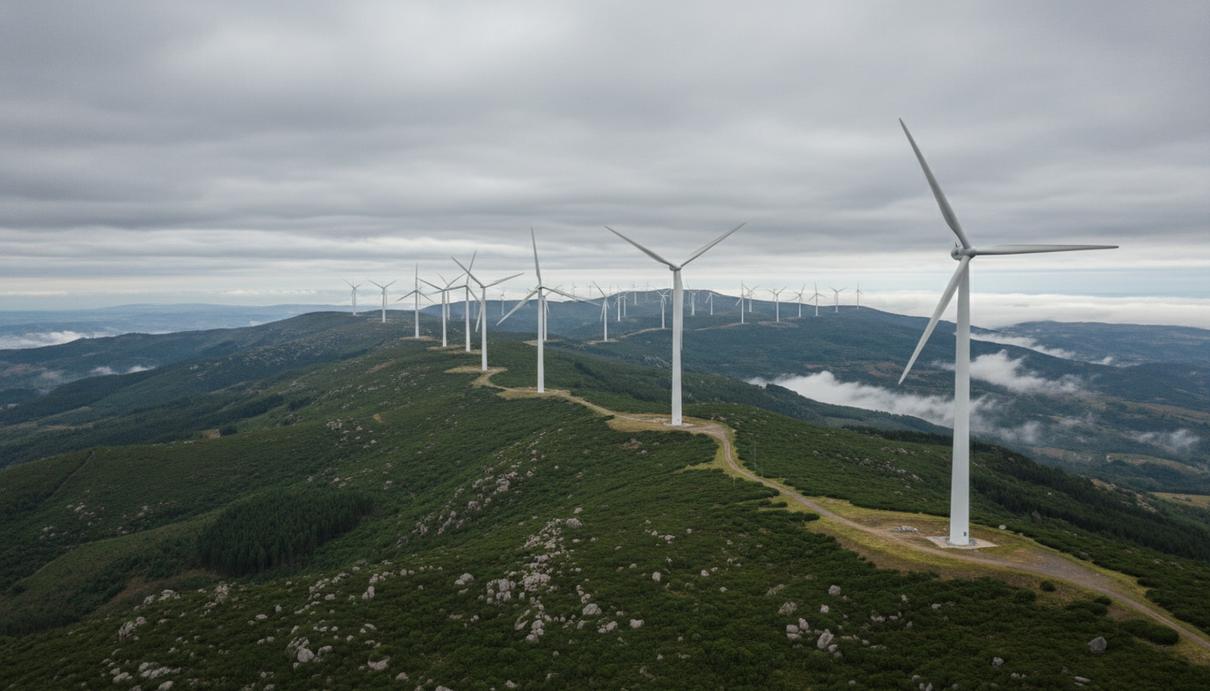 Iberdrola ввела в эксплуатацию первый гибридный энергокомплекс в Португалии Белые ветрогенераторы на вершинах зеленых холмов северной Португалии под пасмурным небом.