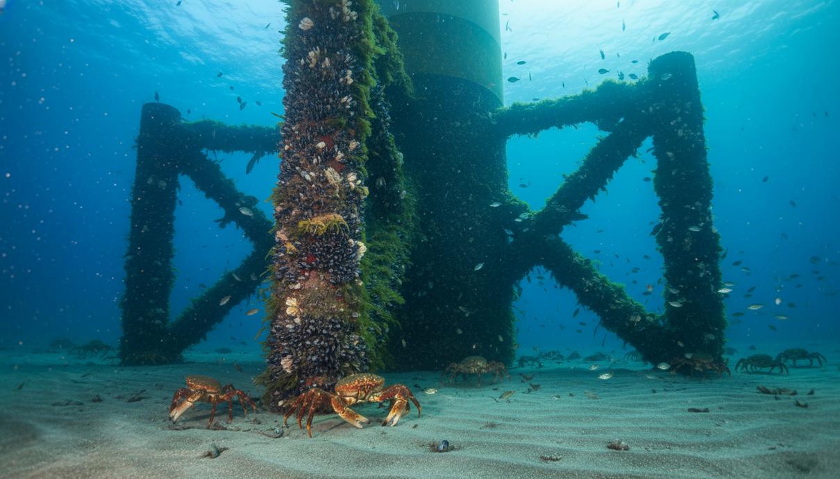 Основание ветряной турбины на морском дне, покрытое мидиями, и крабы в естественной среде обитания.