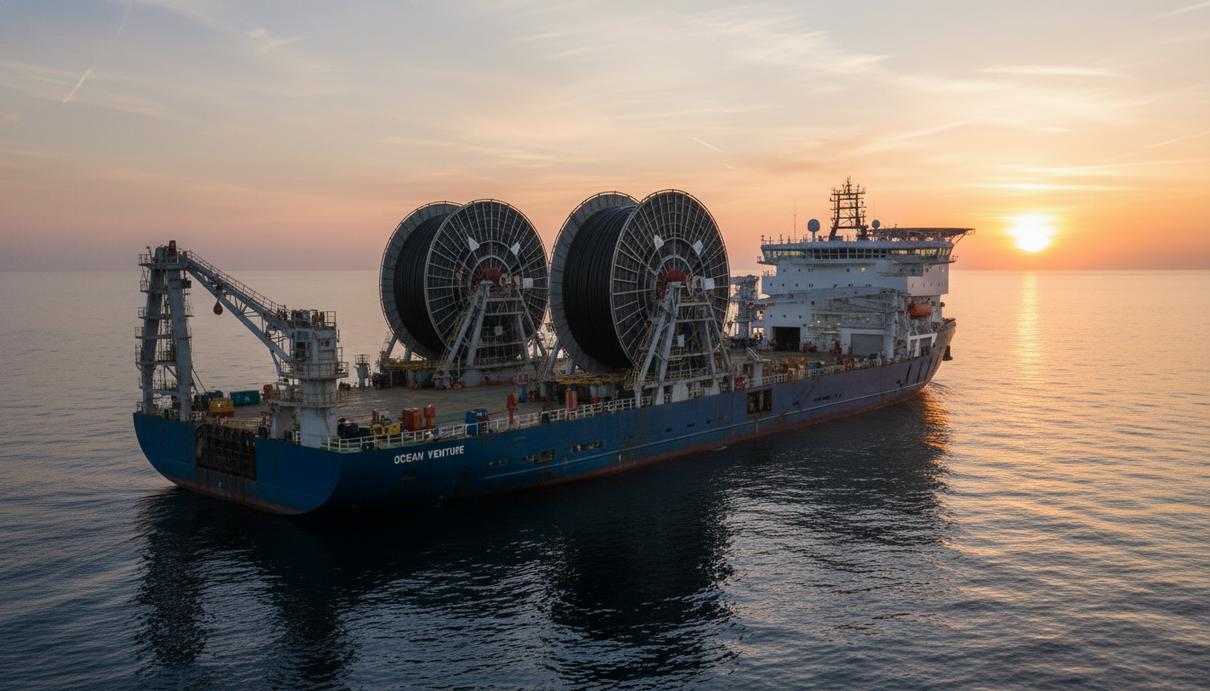 Boskalis расширяет флот для развития морской ветроэнергетики Крупное специализированное судно-кабелеукладчик в море с массивными каруселями на палубе