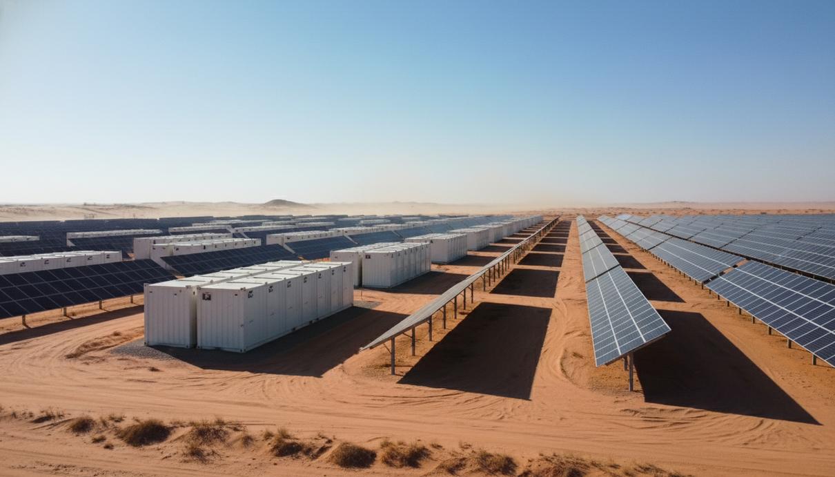Sungrow поставит оборудование для крупнейшей системы накопления энергии в ОАЭ Ряды контейнеров для хранения энергии и солнечные панели в пустыне под ясным небом