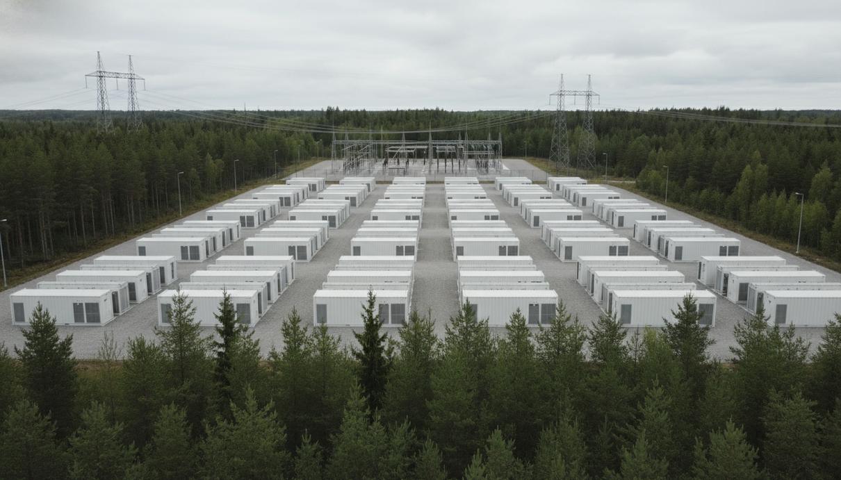 Шведская Helios продала в Финляндии проекты накопителей энергии на 550 МВт Ряды промышленных накопителей энергии в металлических контейнерах на фоне хвойного леса в Финляндии