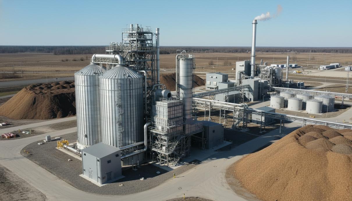 Промышленная установка газификации биомассы с металлическими трубами и резервуарами на территории индустриального парка