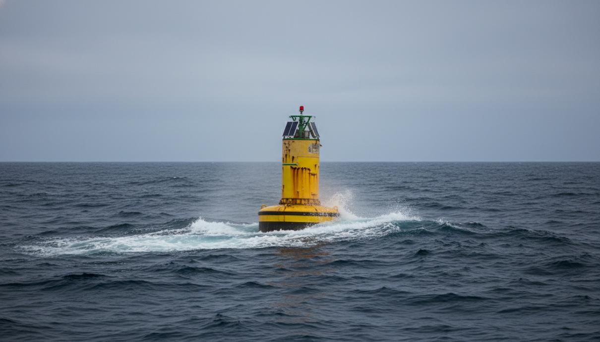 Разработчик волновых электростанций CorPower Ocean привлек 53 млн евро Желтый металлический буй волновой электростанции на поверхности синего океана под пасмурным небом