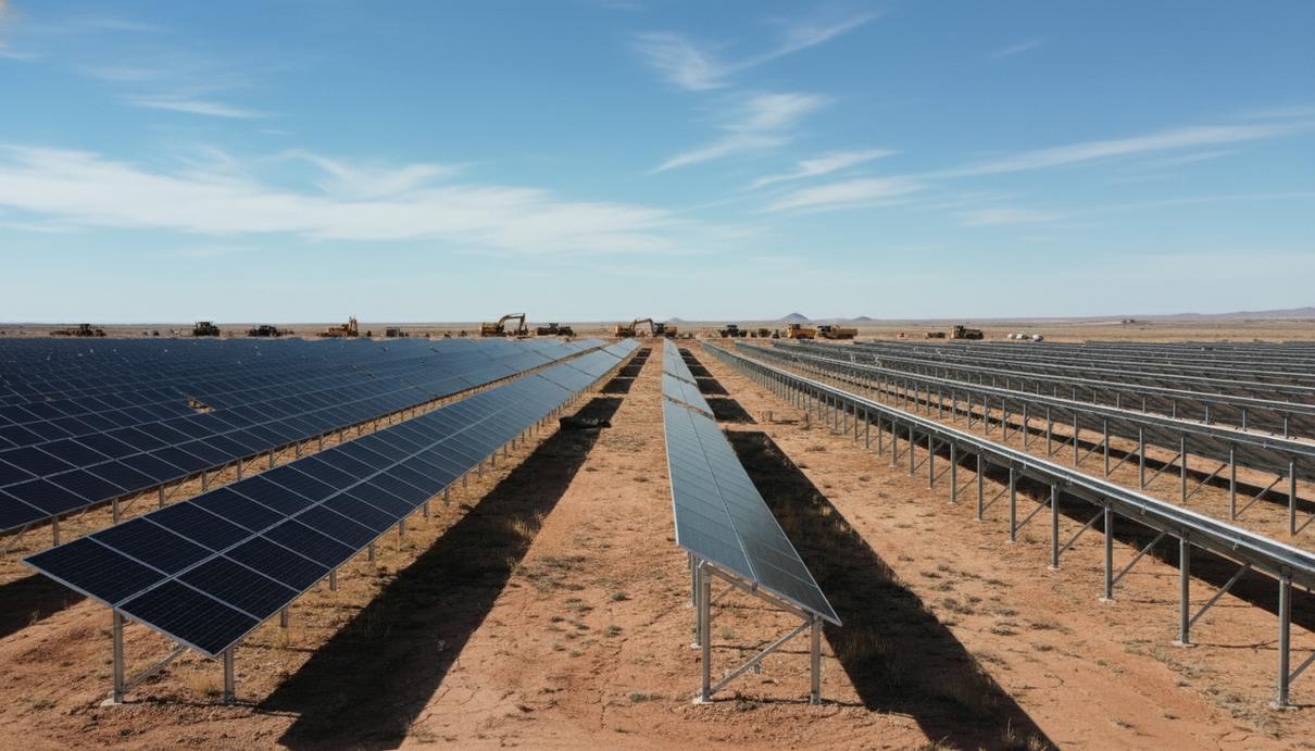 Matrix Renewables начала строить солнечную станцию на 457 МВт в Техасе Строительная площадка солнечной электростанции в Техасе с рядами фотоэлектрических панелей на фоне неба