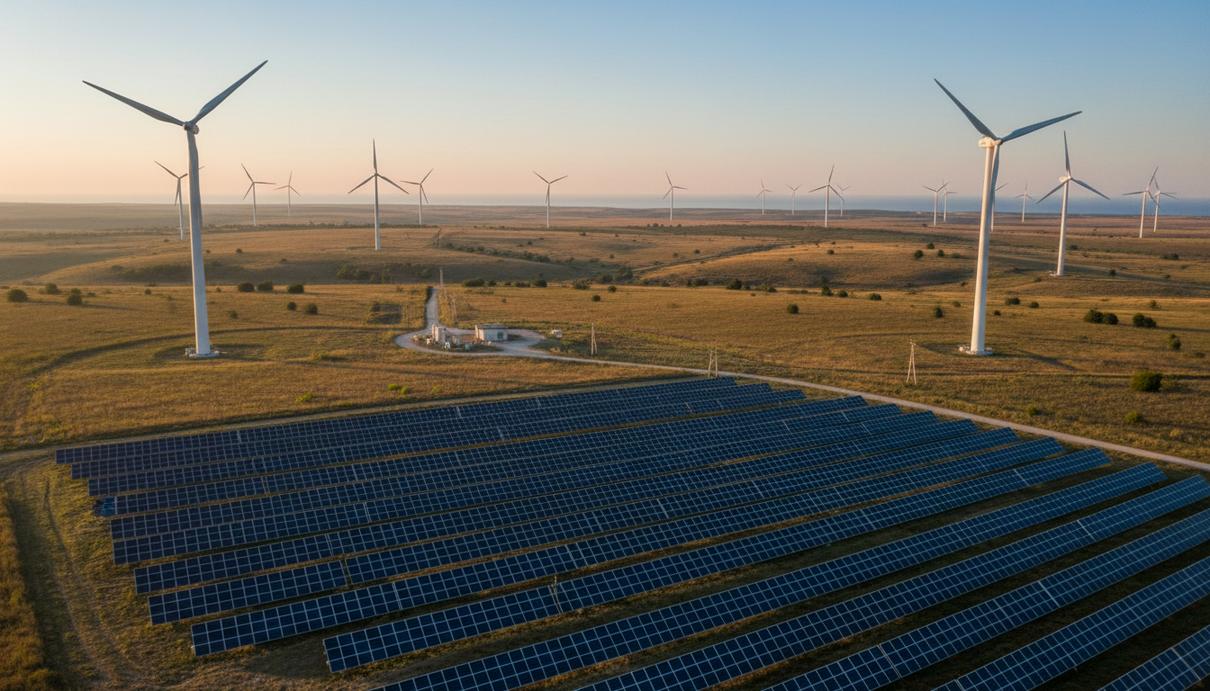 Eurowind Energy построит в Румынии гибридную электростанцию на 49,6 МВт Поле с рядами солнечных панелей и ветряными турбинами гибридной электростанции на фоне равнинного пейзажа.