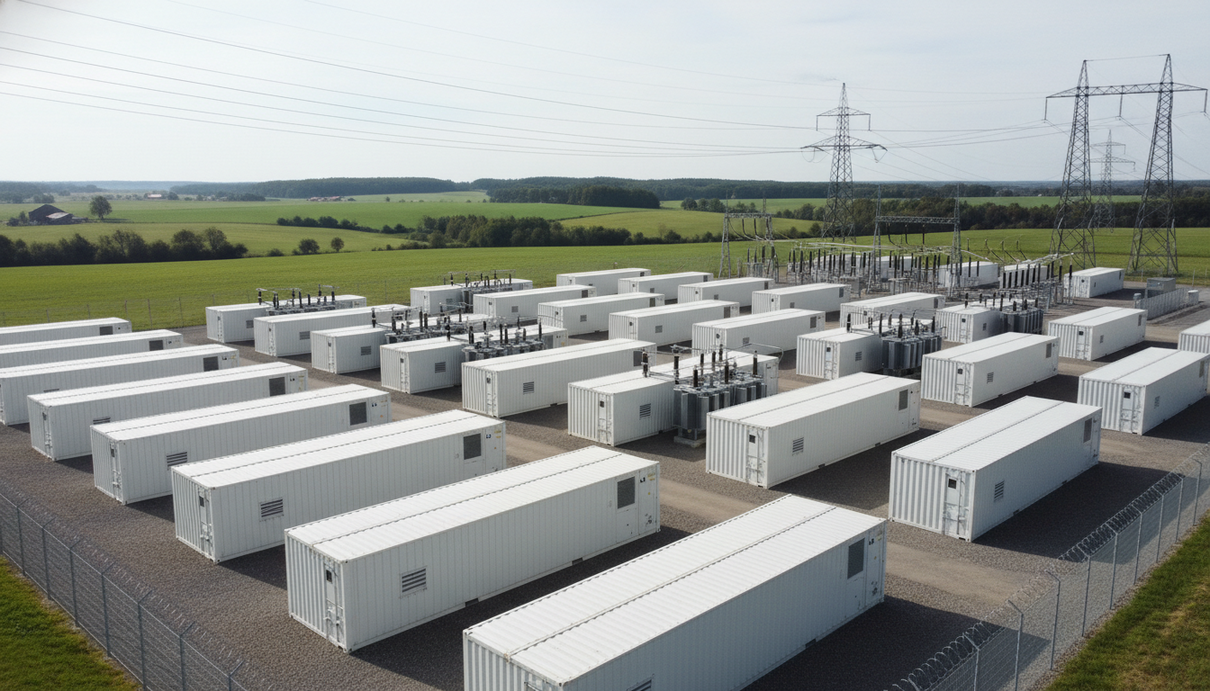 Chint Solar Europe продаст пять систем накопления энергии в Германии Промышленные накопители энергии в виде белых контейнеров на фоне энергосетевой инфраструктуры