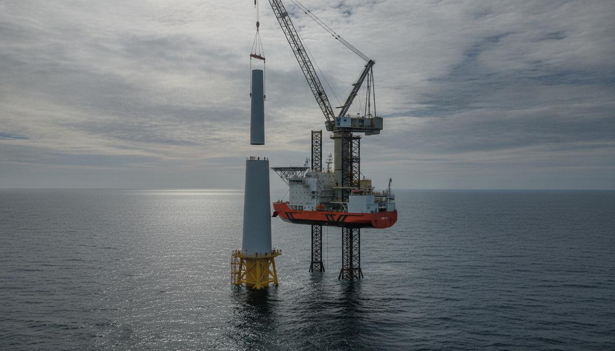 RWE начала монтаж турбин на ВЭС Nordseecluster мощностью 1,6 ГВт Монтажное судно с краном устанавливает огромную ветряную турбину на шельфовой ВЭС в открытом море.