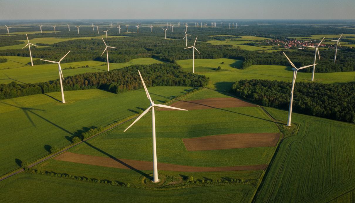 European Energy продлила контракт на управление шестью ВЭС Enea в Польше Вид с воздуха на ветряные турбины, расположенные в поле в Польше. Ветроэлектростанция на фоне зелёных лугов и лесов.